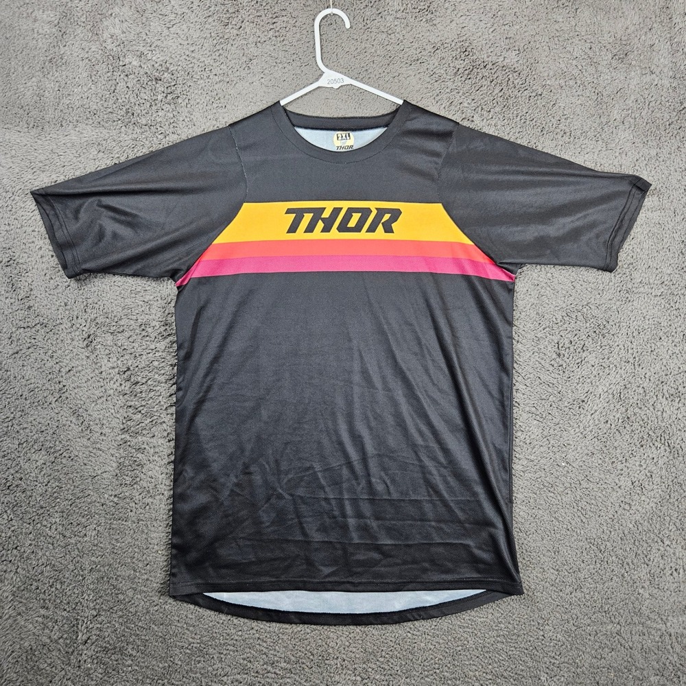 Thor Mens‎ Motocross Jersey 2XL Black Retro Stripe Short Sleeve Racing Shirt